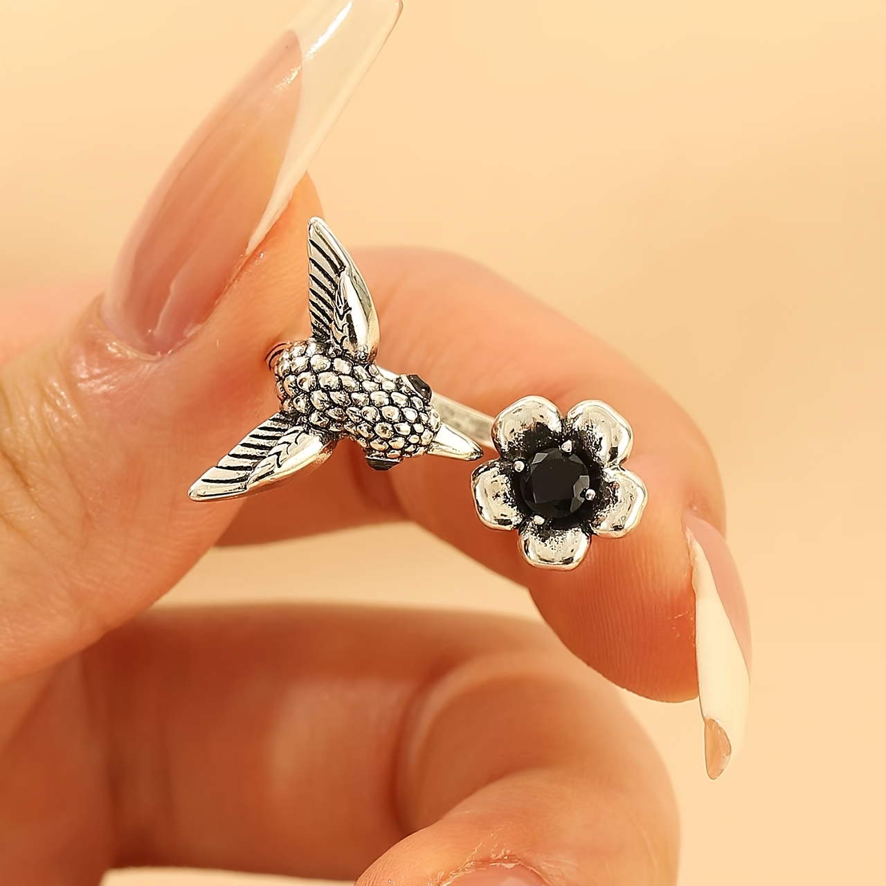 Vintage Silver Plated Copper Ring with Zirconia Bird And Flower
